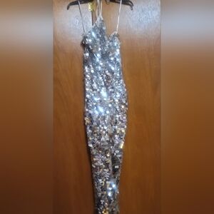 New Arrivals Silver Sequin Spaghetti Strap Gown